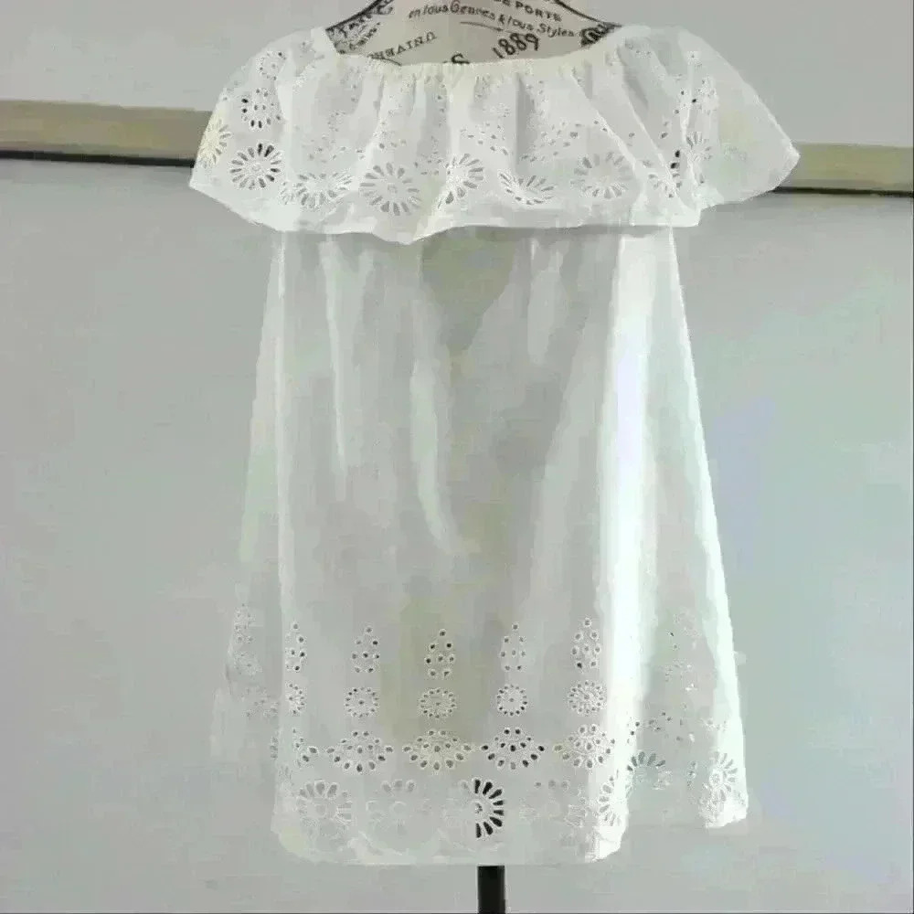 ANNE KLEIN | Women's White Cotton Eyelet Floral Ruffle Off The Shoulder Top